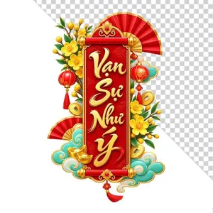 File PNG - Liễn cuộn Vạn Sự Như Ý hoa mai lồng đèn đỏ viền vàng