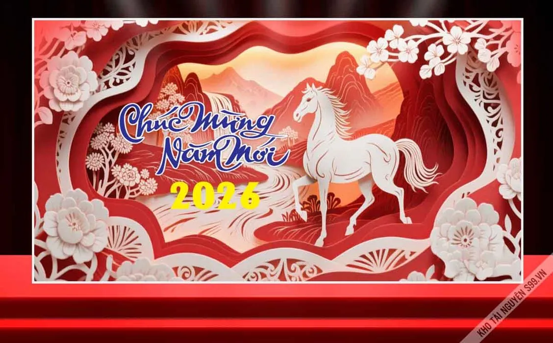 Chúc mừng năm mới 2026 ngựa trắng phong cảnh giấy nghệ thuật