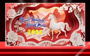 Chúc mừng năm mới 2026 ngựa trắng phong cảnh giấy nghệ thuật