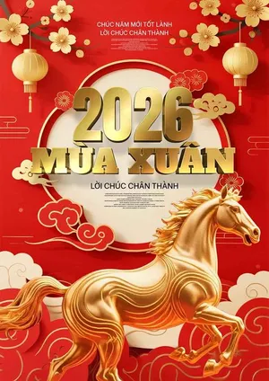 File PSD Ngựa vàng 3D và dòng chữ 2026 Mùa Xuân