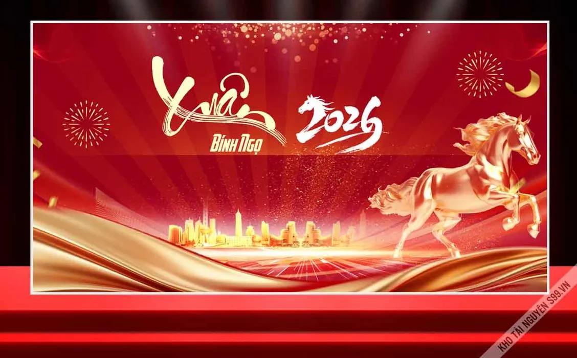 Nền tết 2026 Xuân Bính Ngọ với ngựa vàng File corel