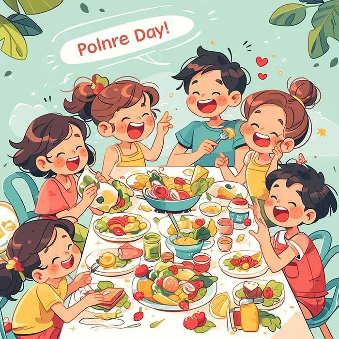 File vector AI minh họa nhóm trẻ em vui vẻ ăn uống trong bữa tiệc Polnre Day