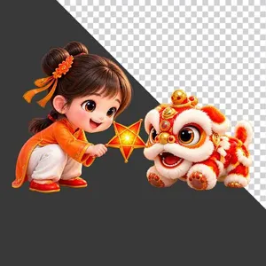 File PNG - Hình ảnh em bé gái mặc áo dài cam chơi đùa với chú lân hoạt hình