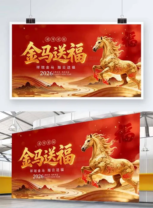 Banner Chúc Mừng Năm Mới 2026 Ngựa Vàng Nền Đỏ Rực - File PSD