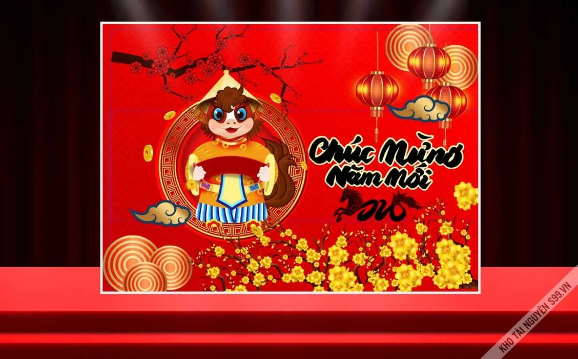 Phông Nền Tết 2026 Hoa Mai Hoa Đào Và Bé Ngựa Đội Nón Lá File Corel