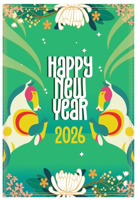 Thiệp chúc mừng năm mới 2026 xanh ngựa vàng - File AI