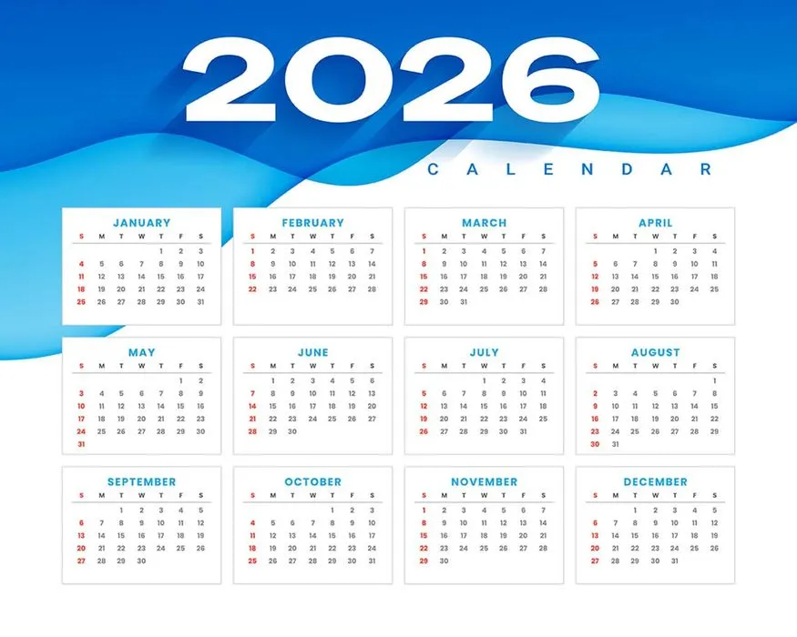 Mẫu lịch 2026 vector với họa tiết sóng xanh, hiện đại và sang trọng