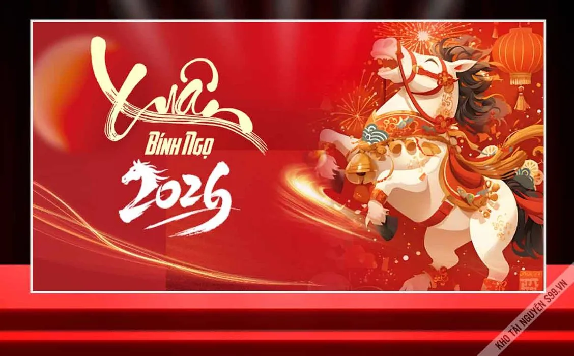 Backdrop Xuân Bính Ngọ 2026 Ngựa Trắng Múa Lửa - File corel
