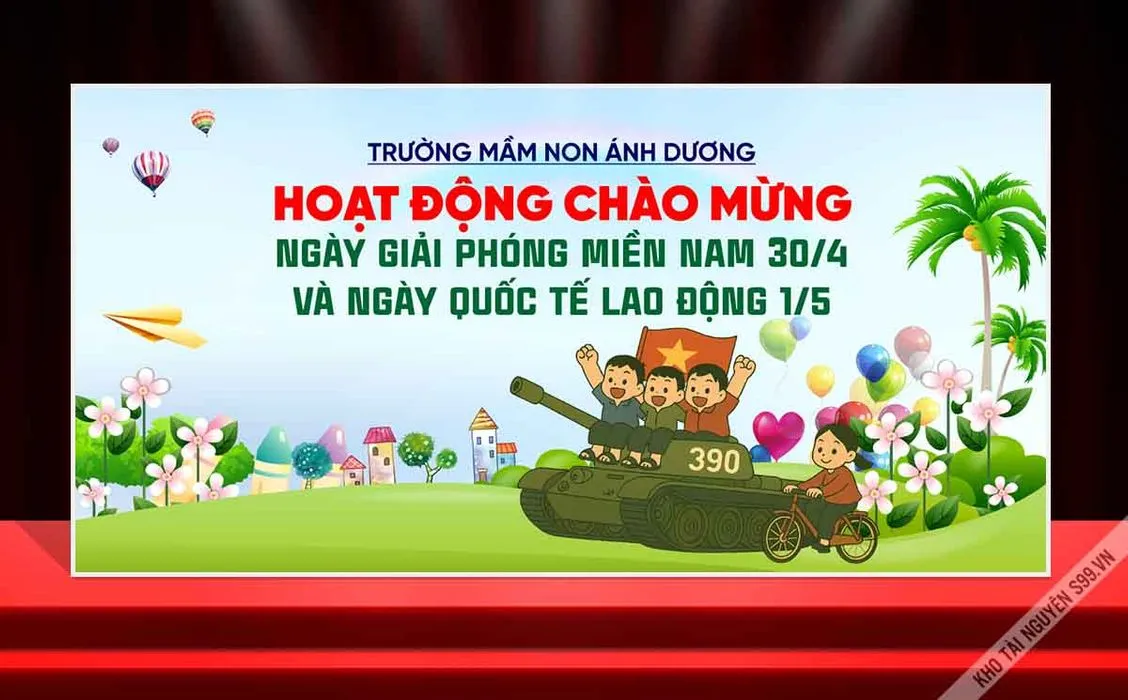 Backdrop 30/4 - 1/5 Mầm non Ánh Dương: Thiết Kế Sẵn CDR