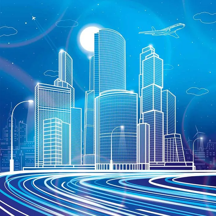 File EPS Thành phố đêm hiện đại ánh sáng xanh với đường cao tốc năng động