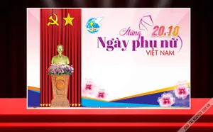 Phông sân khấu Mừng Ngày Phụ Nữ Việt Nam 20 10 có tượng Bác Hồ và hoa đào File Corel