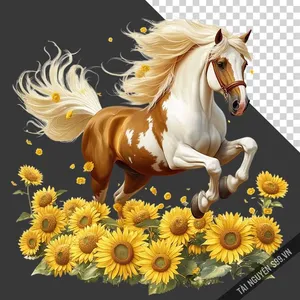 File PNG ngựa vàng galloping trên cánh đồng hoa rực rỡ sáng tạo