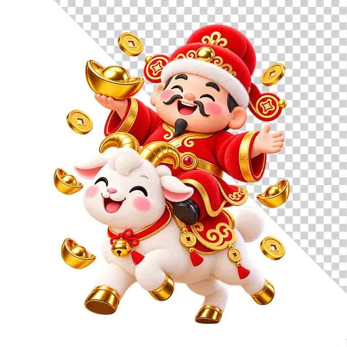 Ông Thần Tài một tay nâng thỏi vàng tay kia vẫy chào cưỡi dê trắng.png