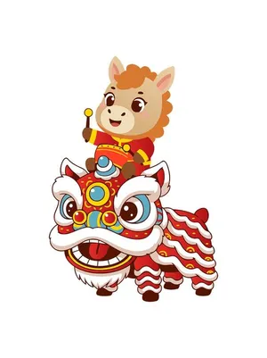 File Psd  Ngựa hoạt hình cưỡi đầu lân đánh trống Tết.