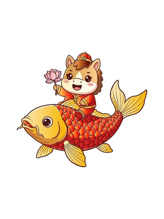 File EPS Chú ngựa hoạt hình tết cưỡi cá chép vàng đỏ cầm hoa sen.