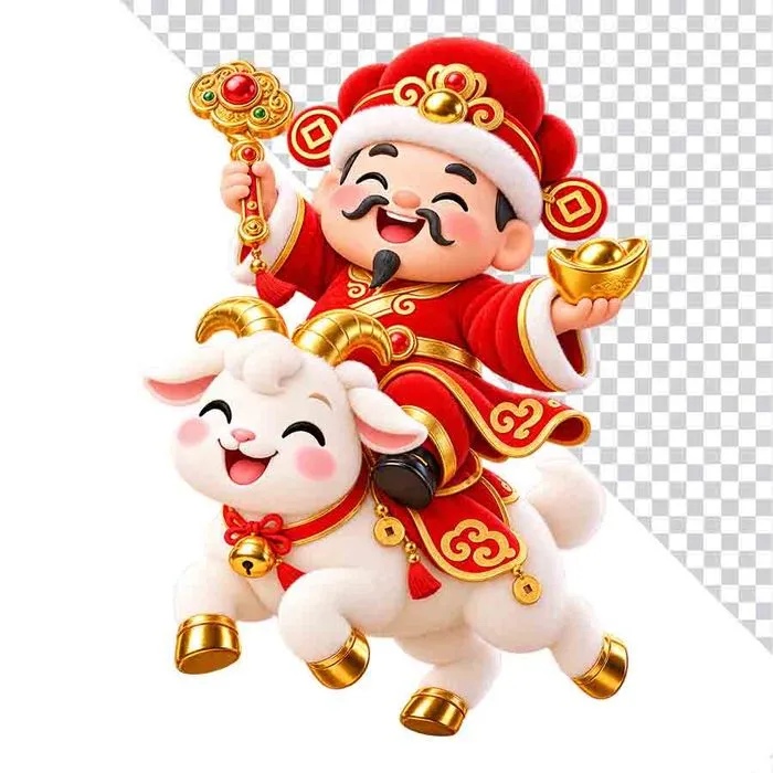 File PNG - Hình ảnh thần tài vung tay phát tài cưỡi dê trắng thỏi vàng