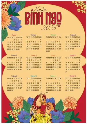 File Ai lịch Xuân Bính Ngọ 2026 kèm tranh ngựa và hoa rực rỡ