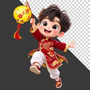 Hình ảnh em bé trai mặc áo dài đỏ cầm đèn lồng tròn tách nền PNG chất lượng cao