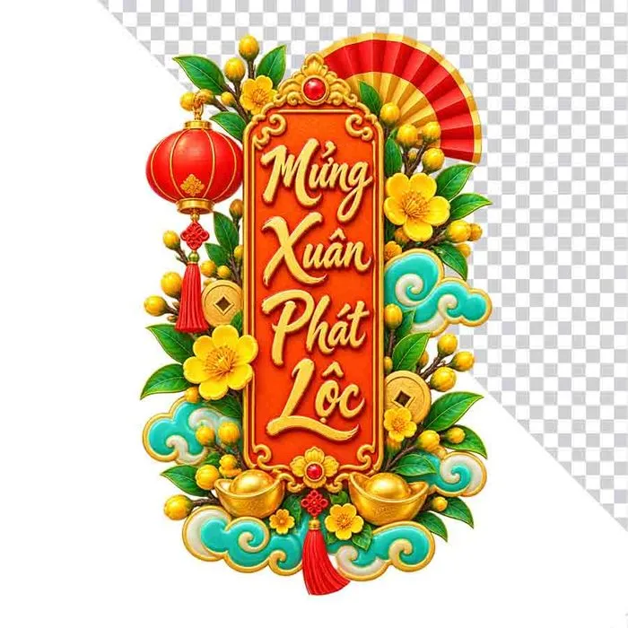 Liễn Mừng Xuân Phát Lộc lồng đèn hoa mai thỏi vàng.PNG