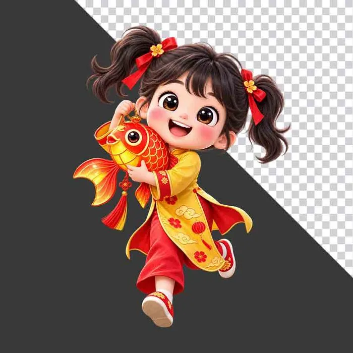 Hình ảnh em bé gái mặc áo dài vàng ôm đèn lồng cá chép tách nền PNG chất lượng cao