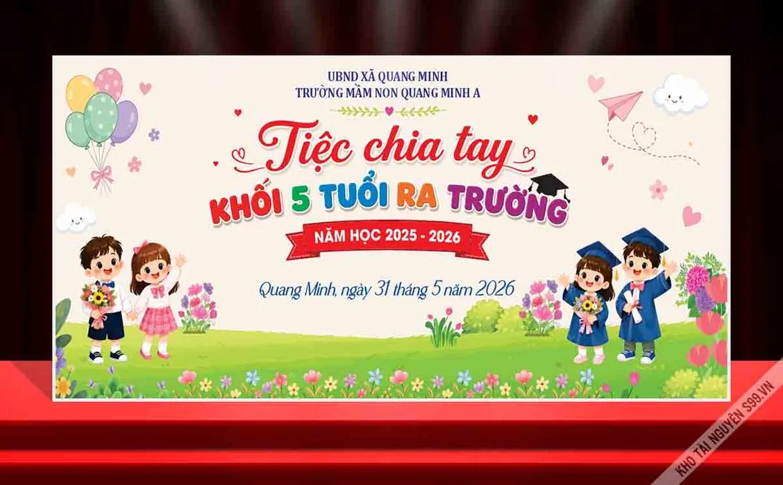 Backdrop Tiệc Chia Tay Mầm Non Khối 5 Tuổi CDR - Thiết Kế Sẵn Đẹp
