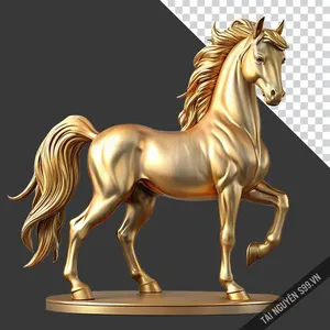 Mẫu ngựa vàng 3D trên bục tượng file PNG trang trí lịch Tết
