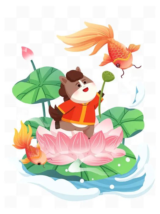 Hình minh họa chú ngựa vui vẻ trên lá sen – Thiết kế PSD