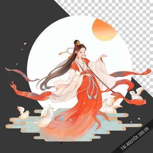 Chị Hằng PNG áo đỏ trắng bên thỏ ngọc và chim bồ câu – Hình minh họa Trung Thu