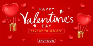 Banner Valentine nền đỏ bóng bay tim hộp quà File EPS