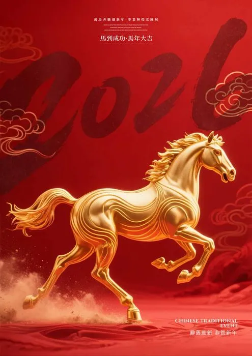 File PSD Thiết kế Tết 2026 ngựa vàng chạy giữa mây đỏ sang trọng