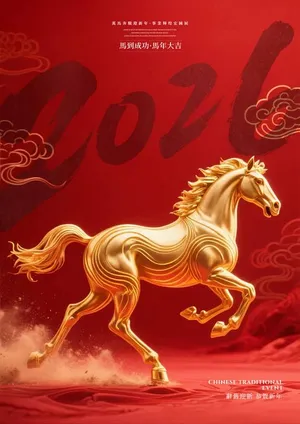 File PSD Thiết kế Tết 2026 ngựa vàng chạy giữa mây đỏ sang trọng