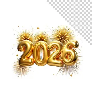 Bóng bay số 2026 vàng kim và pháo hoa chào năm mới - File PNG