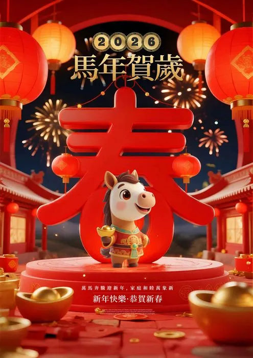 Tết 2026 bé ngựa 3D chữ Phúc đèn lồng pháo hoa PSD
