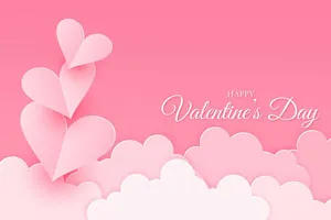 File EPS Valentine bóng tim bay giữa mây nền hồng nhẹ