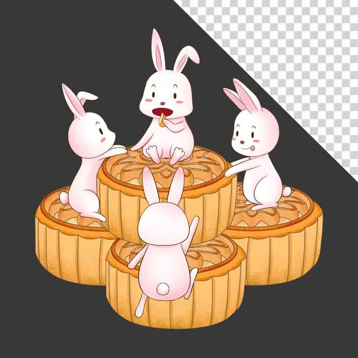 Chú thỏ ngọc ngồi bên bánh trung thu dễ thương - File PNG