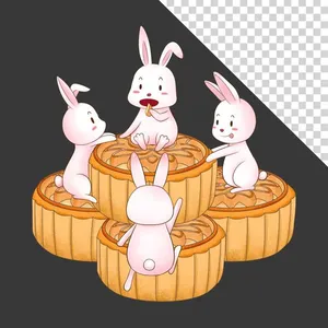 Chú thỏ ngọc ngồi bên bánh trung thu dễ thương - File PNG