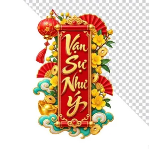 File PNG - Liễn cuốn thư Vạn Sự Như Ý hoa mai lồng đèn đỏ.