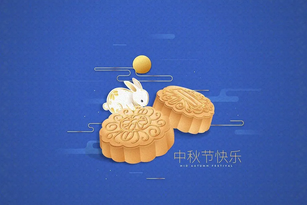Thỏ ngọc bên hai bánh trung thu vàng trên nền xanh lễ hội Trung Thu