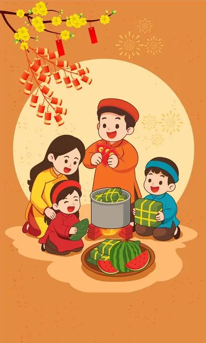 Poster Tết Cổ Truyền Vector: Gia Đình Đón Năm Mới Hạnh Phúc (EPS)