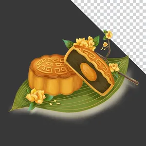 Bánh trung thu minh họa nghệ thuật trên chiếc lá xanh - File PNG 