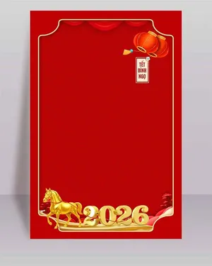 Khung nền đỏ Tết Bính Ngọ 2026 ngựa vàng File PSD