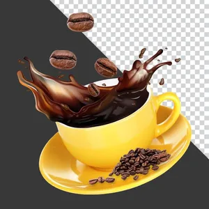 Ly cà phê vàng sóng tràn hạt cà phê bay File PNG