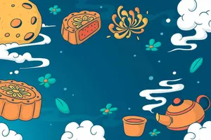 Hình minh họa bánh trung thu, trăng tròn, hoa cúc và ấm trà trong đêm lễ hội Trung Thu. File Ai.