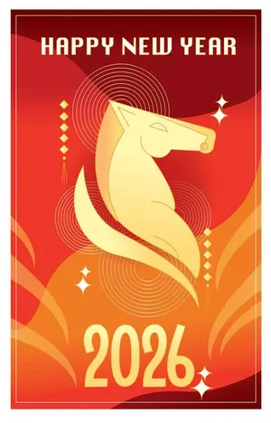 Thiệp Chúc Mừng Năm Mới 2026 Hình Ngựa Vàng Đỏ – File JPG