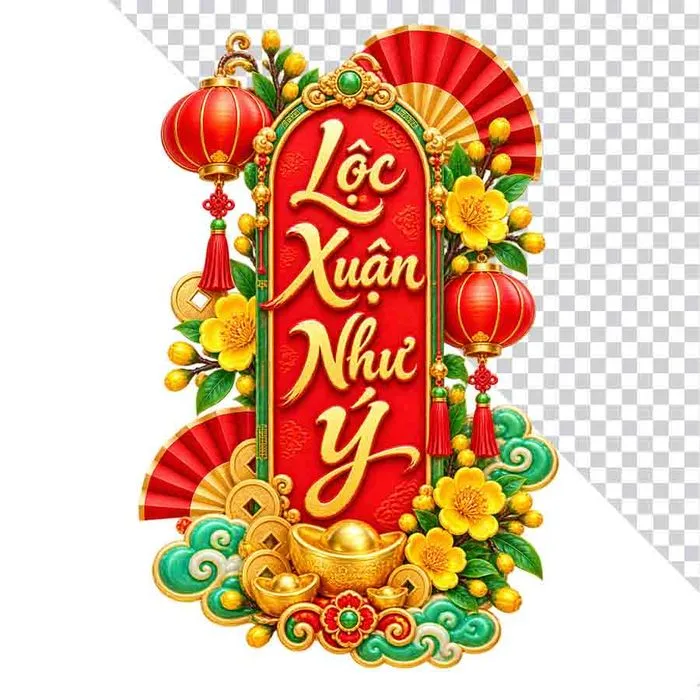 File PNG - Liễn Lộc Xuân Như Ý lồng đèn hoa mai thỏi vàng