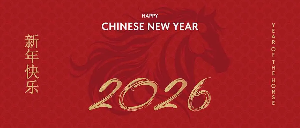 Ngựa đỏ nền vảy cá cùng chữ số 2026 chúc mừng năm mới - File Ai