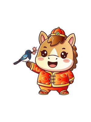 File EPS Chú ngựa hoạt hình tết cầm cành hoa mai và chim khách.