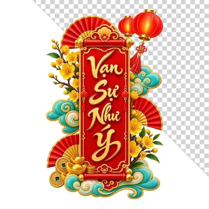 Liễn Vạn Sự Như Ý lồng đèn hoa mai thỏi vàng.PNG