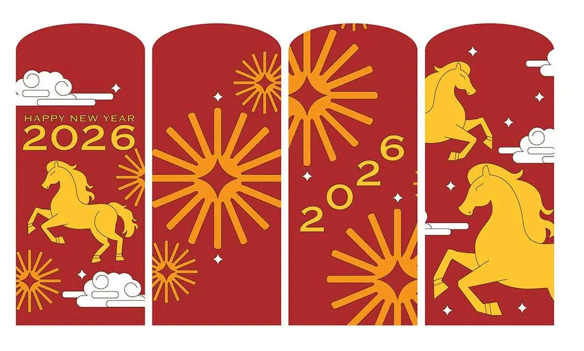 Bao lì xì Tết 2026 ngựa vàng đỏ Happy New Year File EPS