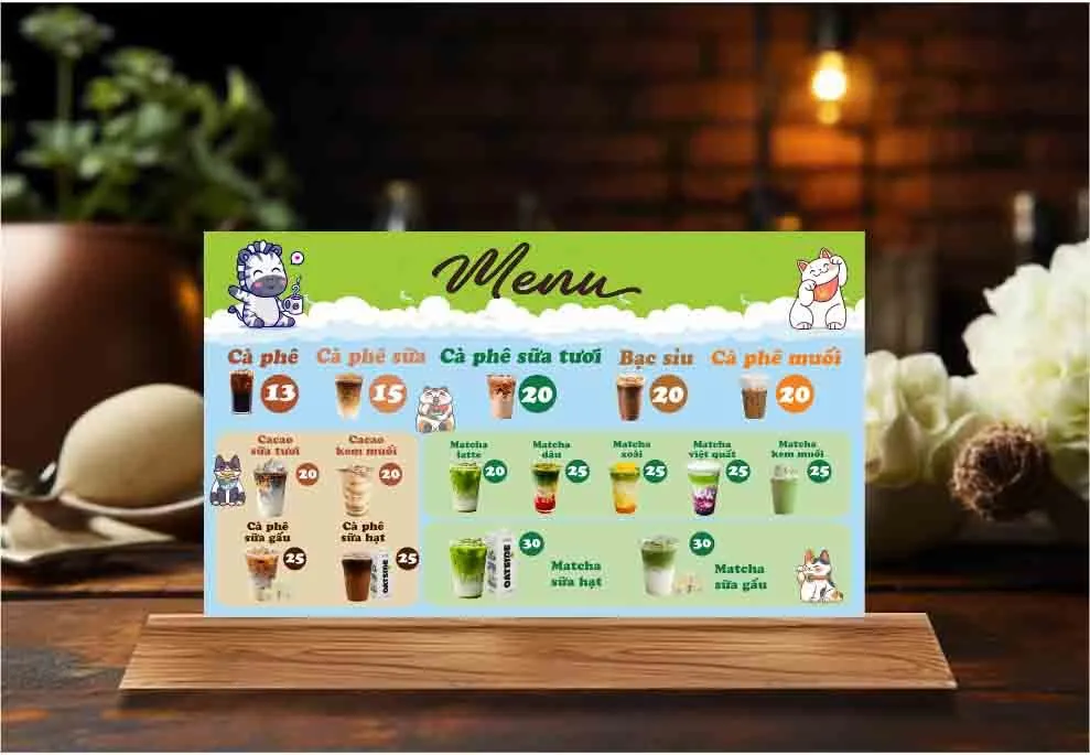 Menu Đồ Uống Quán Cà Phê, Trà Sữa Dễ Thương - File CDR Vector